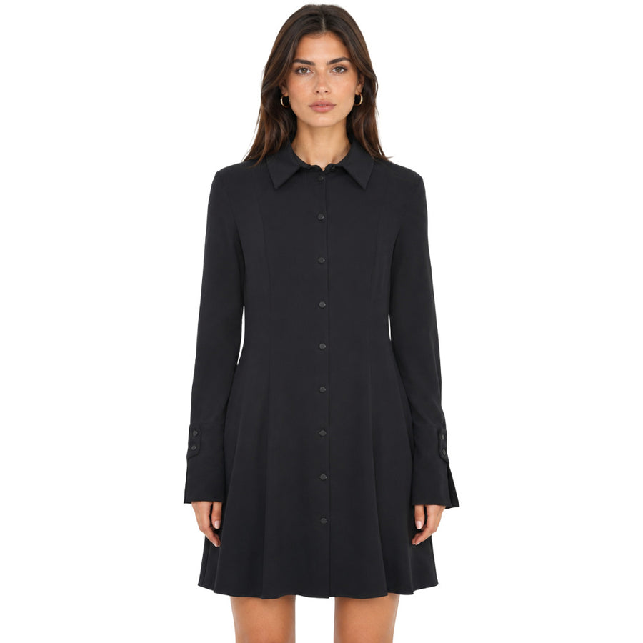 Patrizia Pepe – black button-front dress – model wearing it, front view with collared neckline