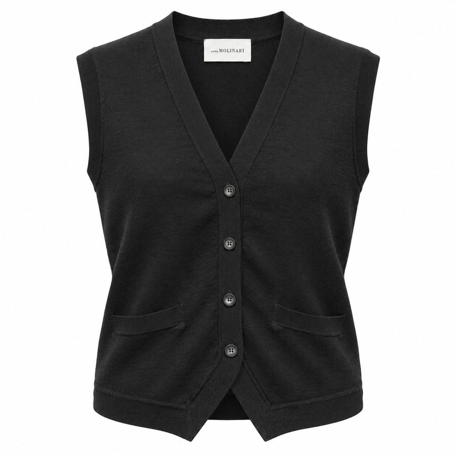 Anna Molinari – black wool vest – front packshot with buttons and pockets