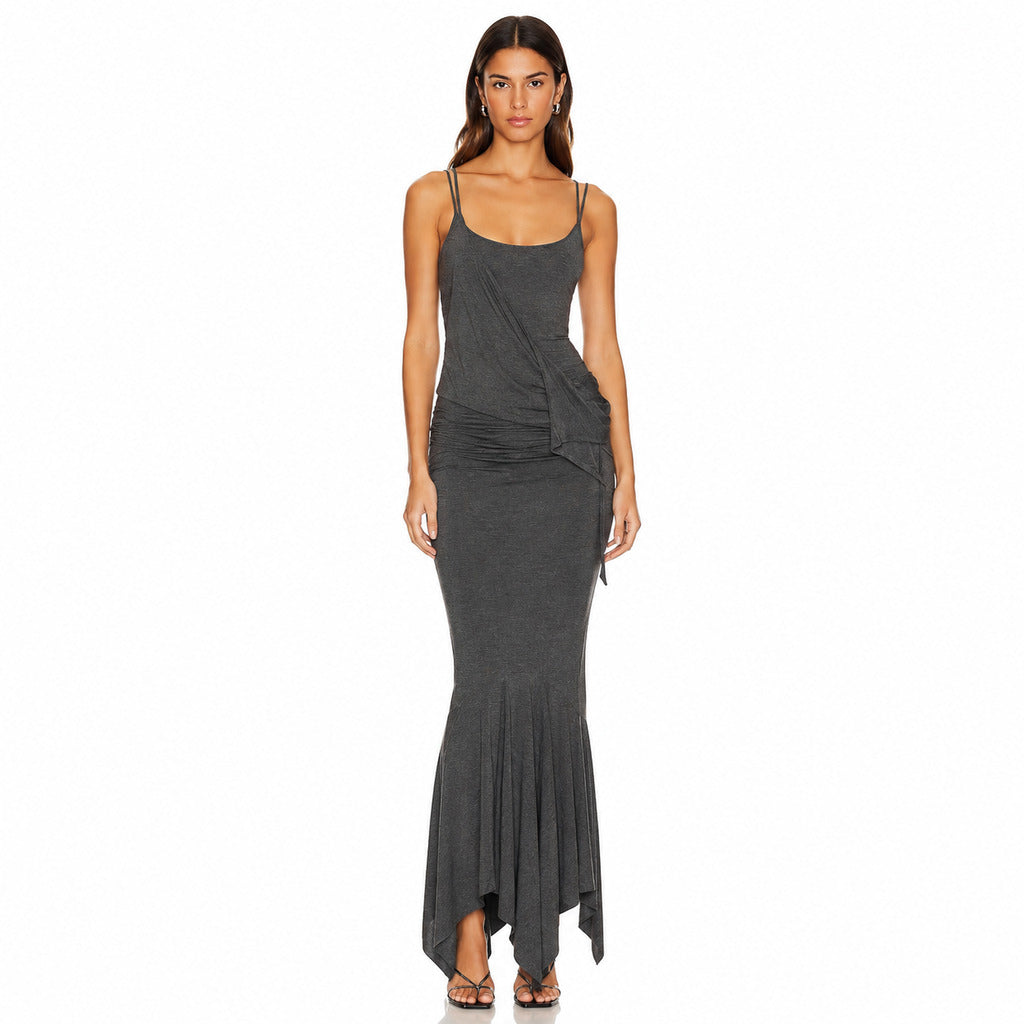 The Attico – dark grey maxi dress with draped front – full-length front view on model