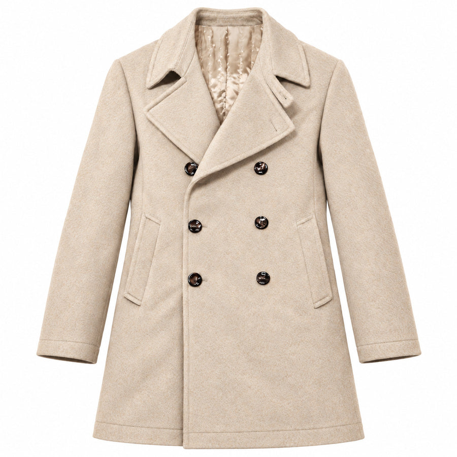 Loro Piana Tessuto – Tessuto Capolavoro Peacoat in Beige – front view beige double-breasted coat