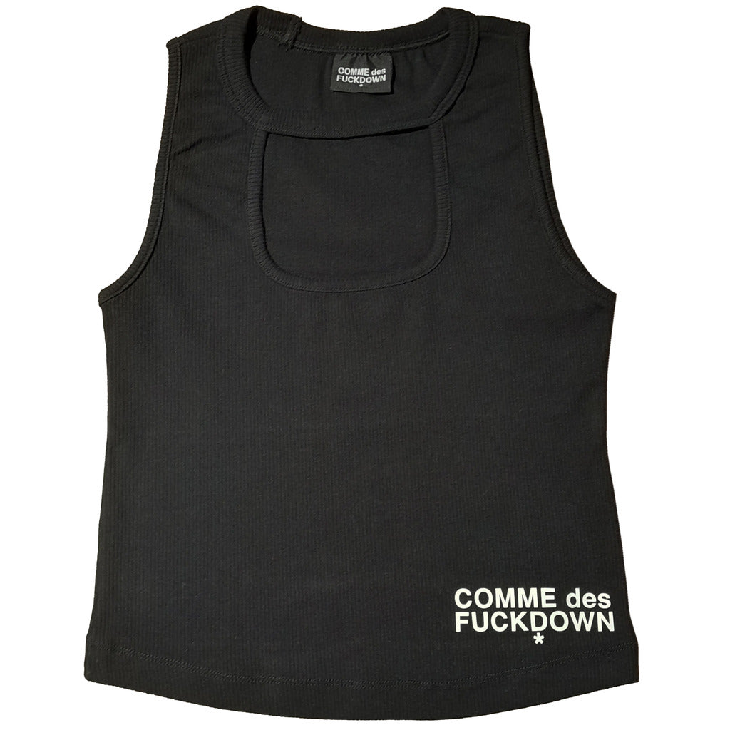 Comme Des Fuckdown – black ribbed sleeveless top – front view with chest panel and logo