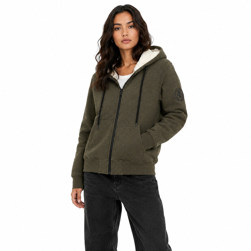 Moose Knuckles – green hooded sweatshirt with white lining – front view worn with dark jeans