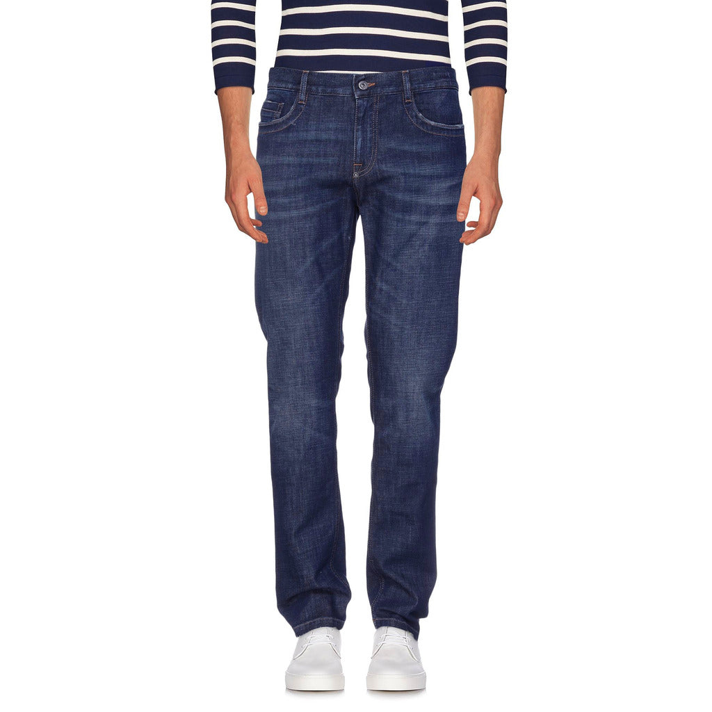 Bikkembergs – CQ10103_S3393-157B Regular-Fit Jeans in Dark Blue – front view worn with striped top