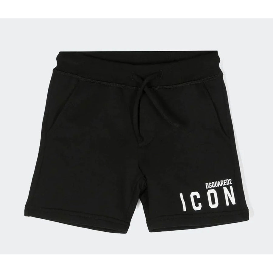 Dsquared2 – black kids' shorts – front view with drawstring and white Icon logo