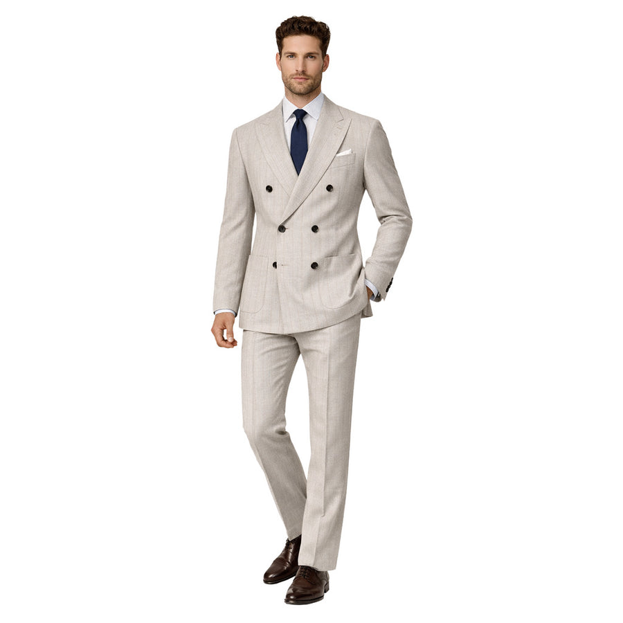 Loro Piana Tessuto – beige pinstriped double-breasted suit – model shown from the front