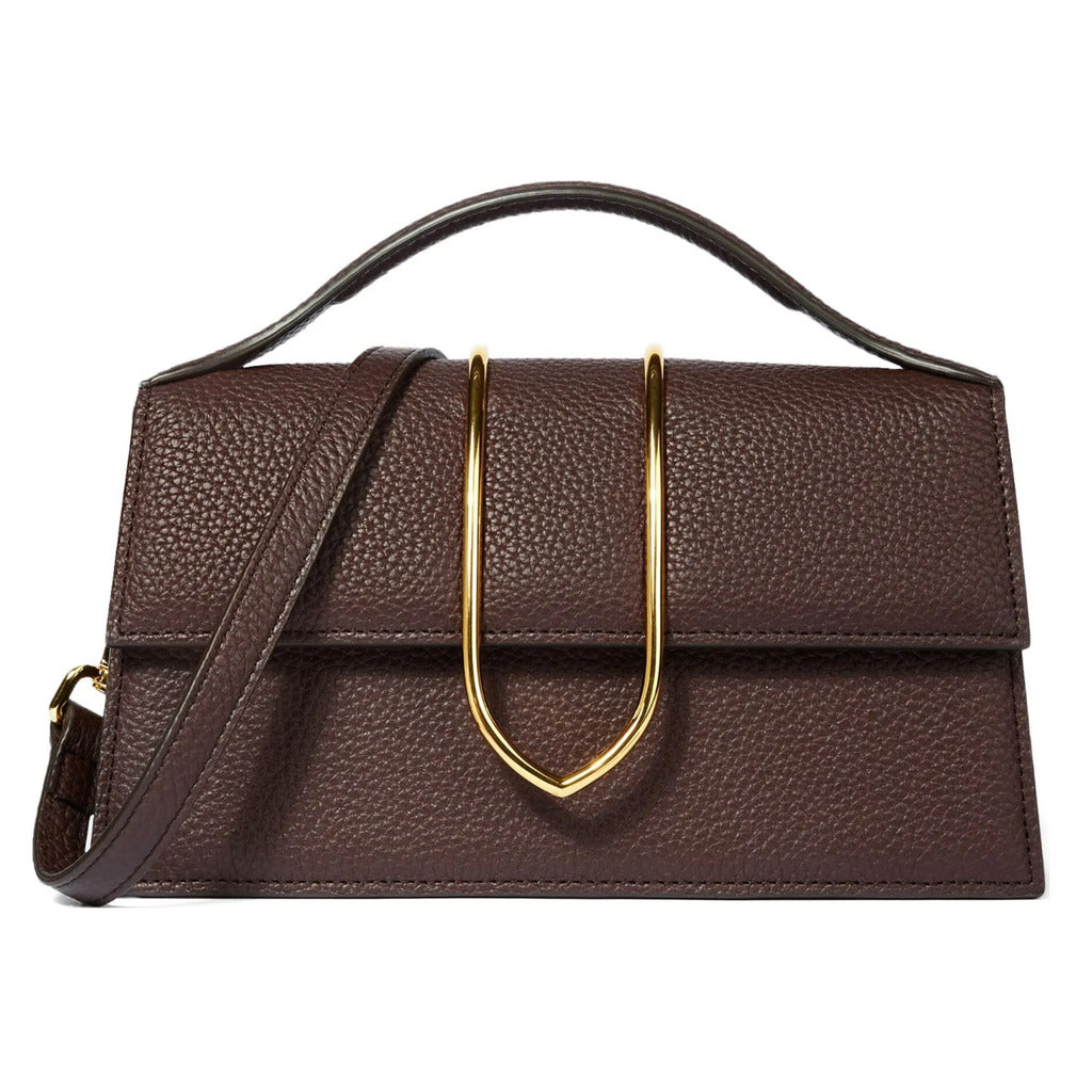 Jacquemus – Le Grand Bambino brown leather shoulder bag – front view with gold-tone clasp