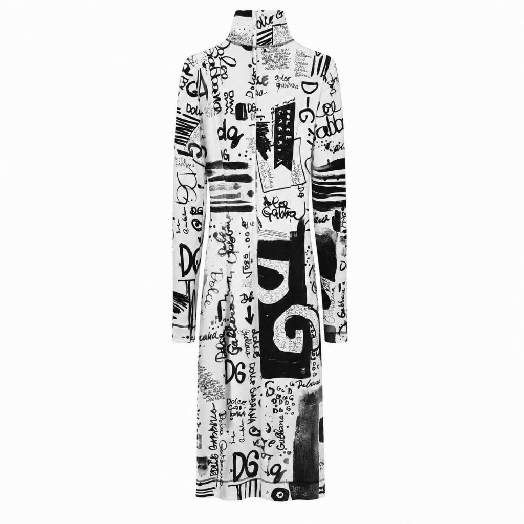 Dolce & Gabbana – white long-sleeved high-neck dress with black lettering – back flat packshot