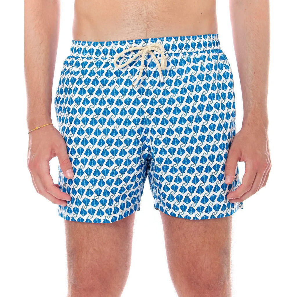 Mc2 Saint Barth – Micro Fantasy Stingray light-blue swim trunks – front view with cream drawstring