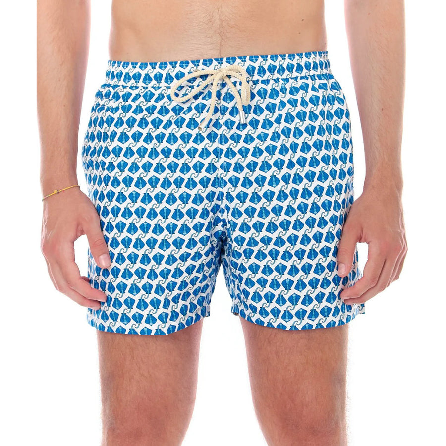 Mc2 Saint Barth – Micro Fantasy Stingray light-blue swim trunks – front view with cream drawstring