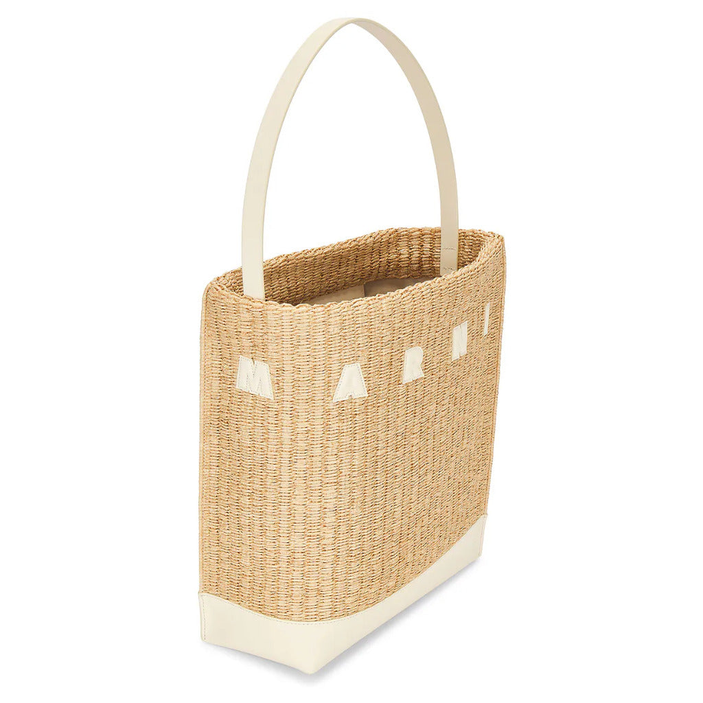 Marni – beige raffia shoulder bag – angled view showing open top and wide handle
