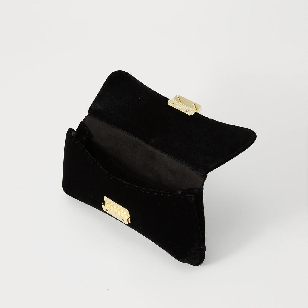 Emporio Armani – black velvet clutch bag – angled view with gold clasp