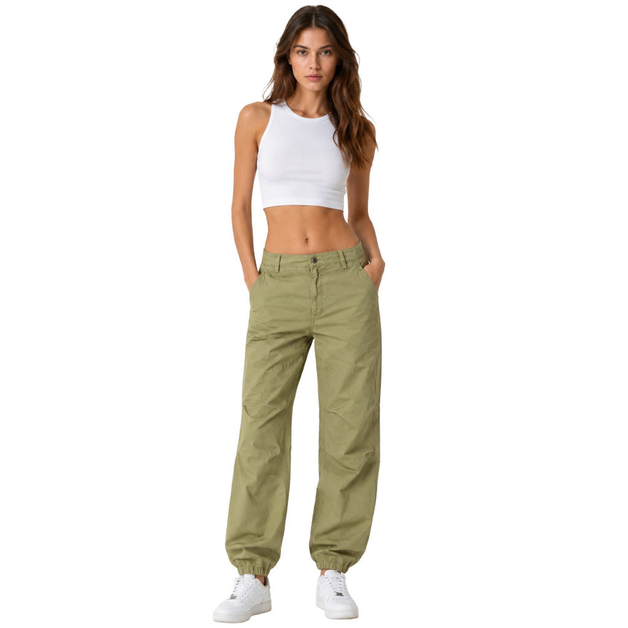 Pinko – Marsiglia green cotton trousers – front view with elastic cuffs