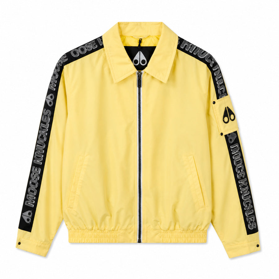 Moose Knuckles – LSD yellow windbreaker jacket – front packshot with zip and black sleeve stripes