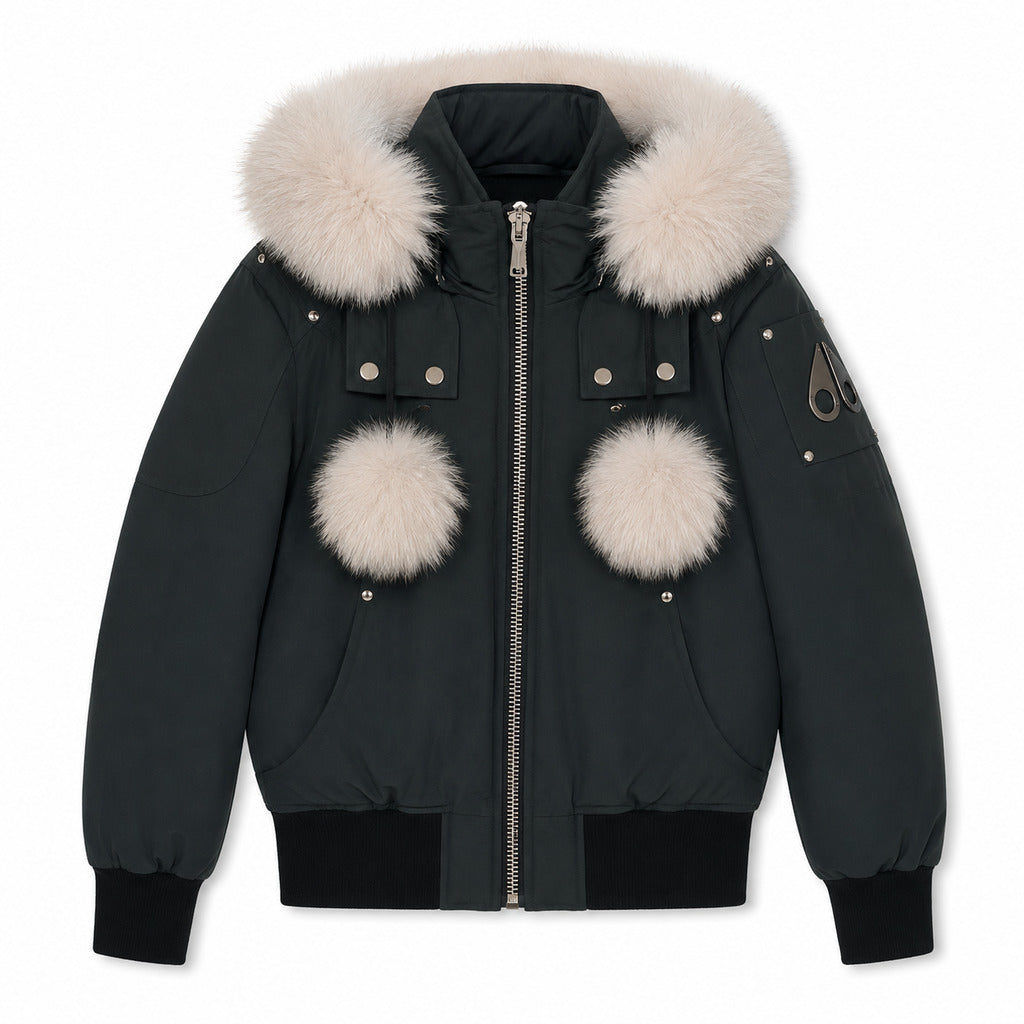 Moose Knuckles – Debbie grey bomber jacket with fluffy hood trim – front flat lay