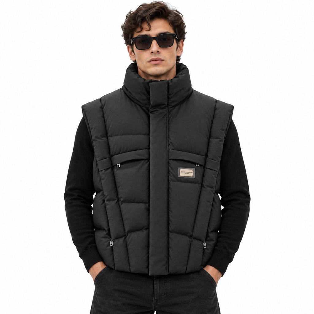 Dolce & Gabbana – Sleeveless Silk Jacket in Black – Worn with black sweater, front view and raised collar