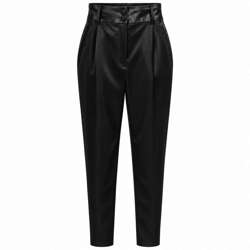 Dolce & Gabbana – black glossy trousers – front flat lay with pleats and double buttons