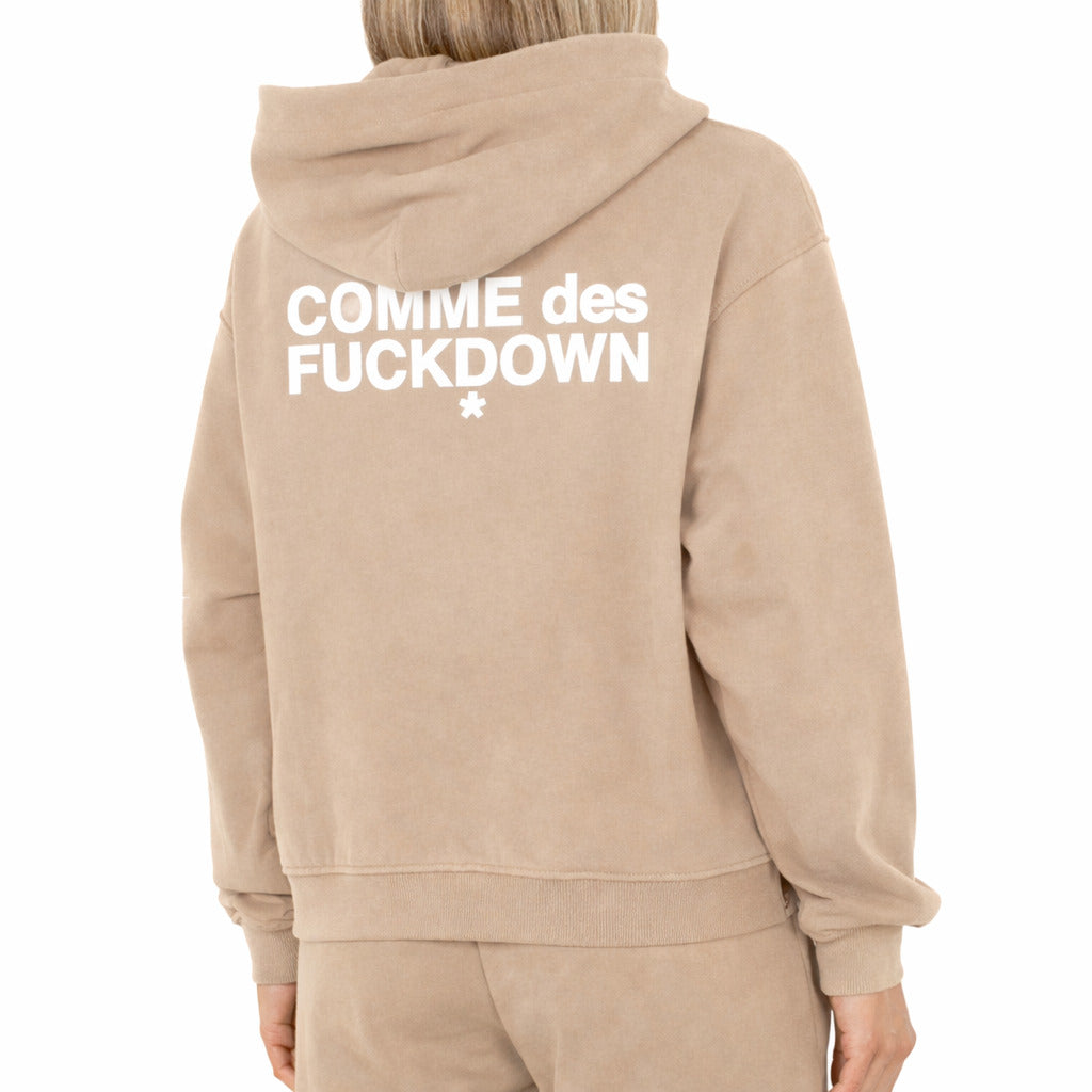 Comme Des Fuckdown – beige hooded zip-up sweatshirt – back view with large white graphic