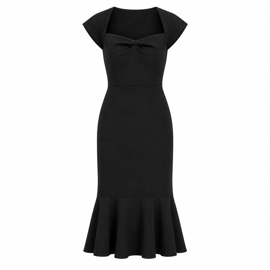 Dolce & Gabbana – black fitted midi dress – front flat lay with bow detail