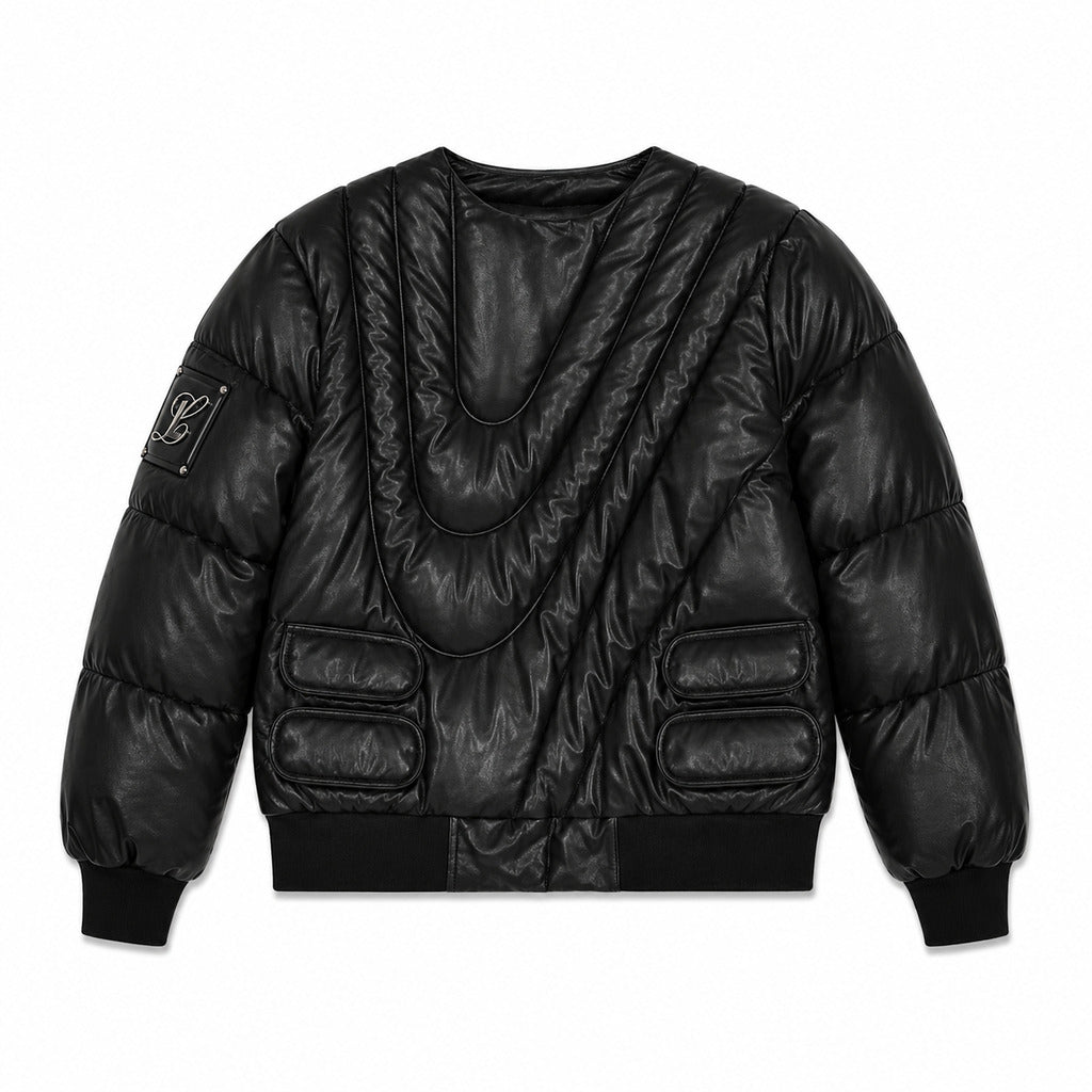 Moose Knuckles – black padded jacket – front view showing quilted texture and sleeve patch