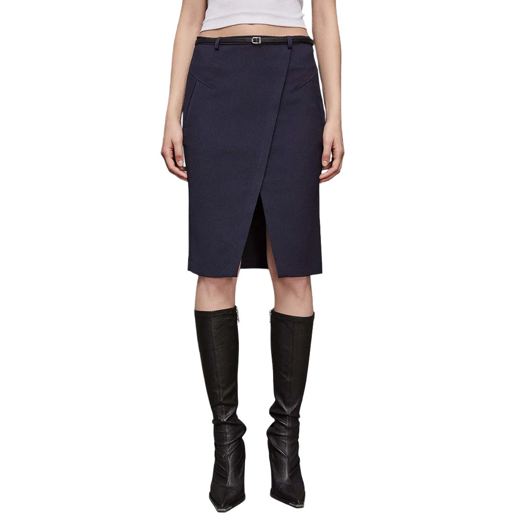 Patrizia Pepe – navy pencil skirt – front view with slit and belt