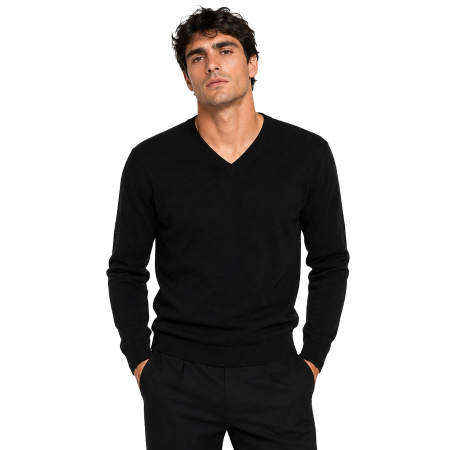 Dolce & Gabbana – black cashmere V-neck sweater – front view, hands in pockets