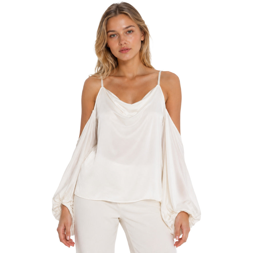 Patrizia Pepe – white viscose blouse with draped neckline – front view with open sleeves
