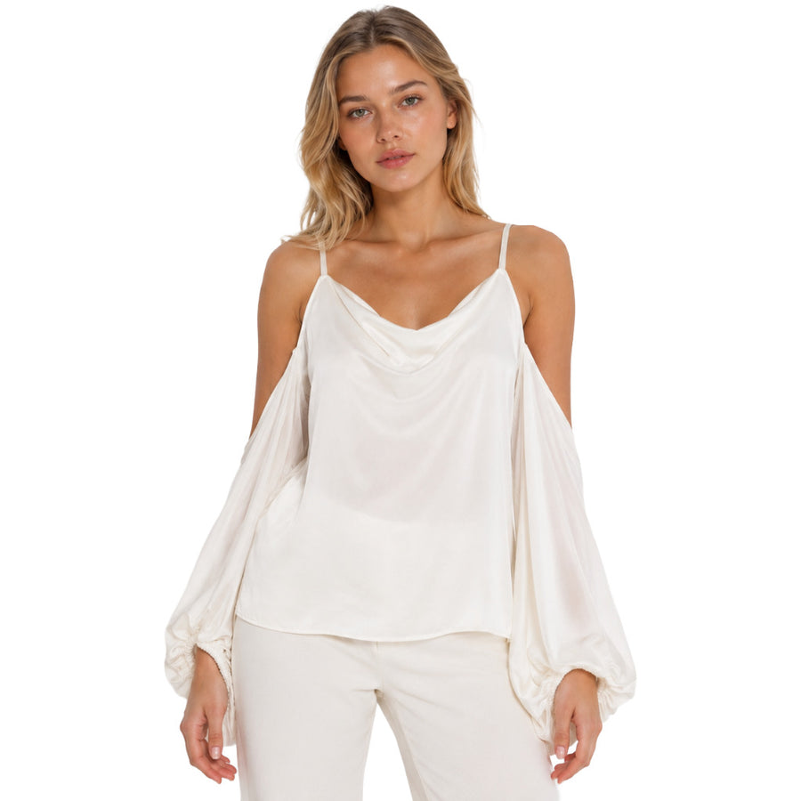 Patrizia Pepe – white viscose blouse with draped neckline – front view with open sleeves