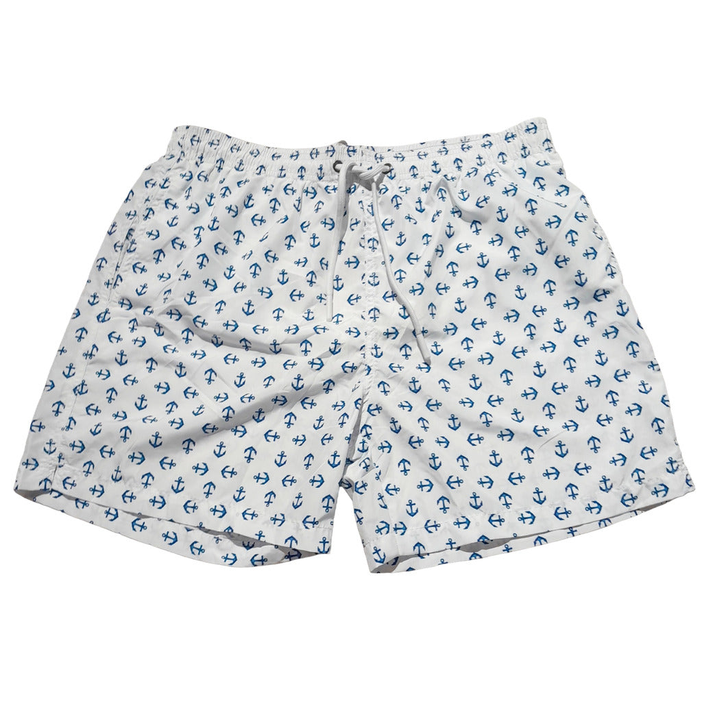 Yes Zee – white anchor-print polyester Bermuda shorts – front flat lay with drawstring