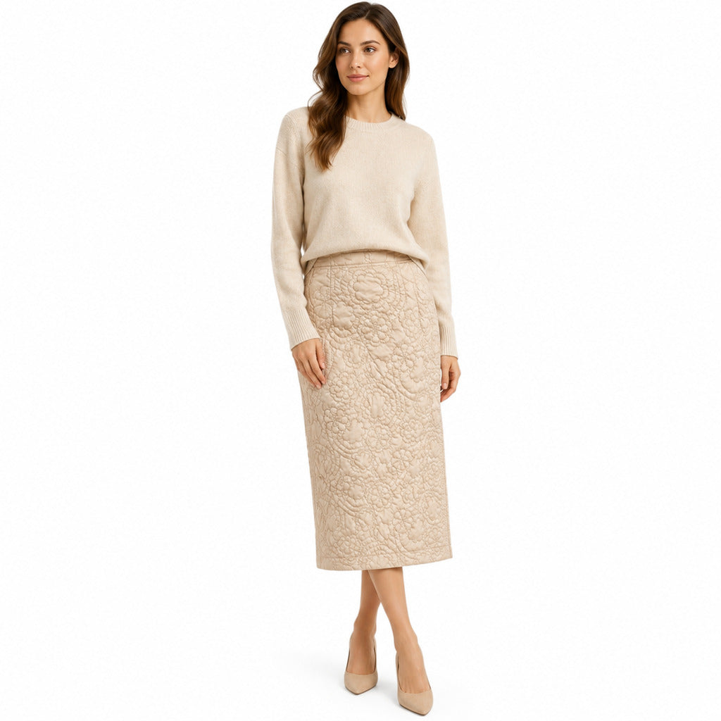 Parajumpers – beige quilted skirt – worn front view with floral quilting