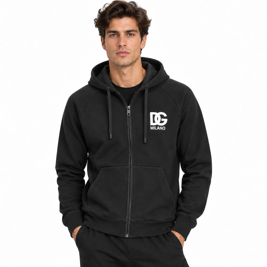 Dolce & Gabbana – black hooded sweatshirt – model wearing it, front view with logo