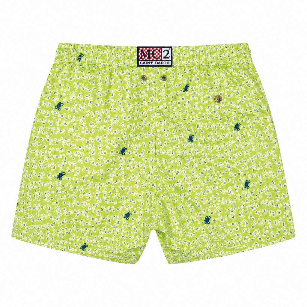 Mc2 Saint Barth – green printed swim trunks – back flat lay with logo label and pocket