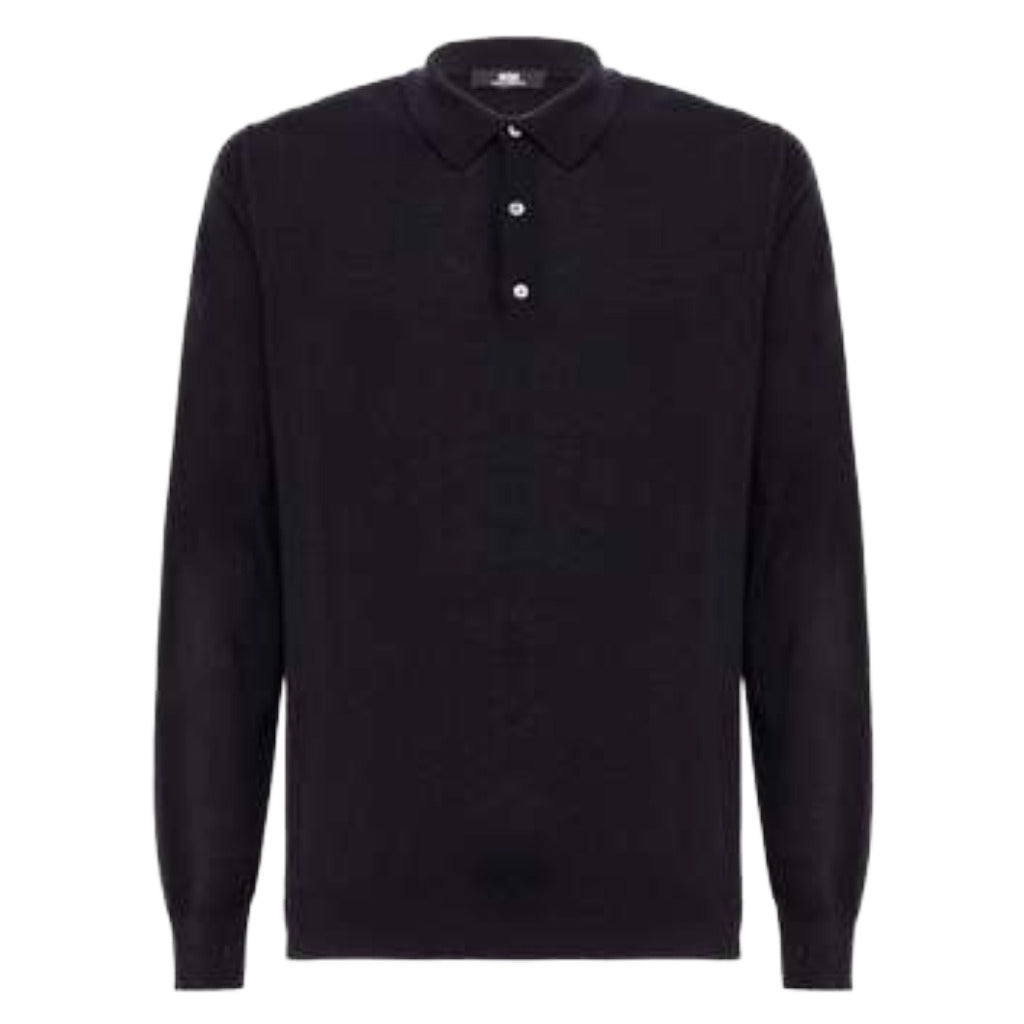Alpha Studio – blue merino wool polo sweater – front packshot with button placket
