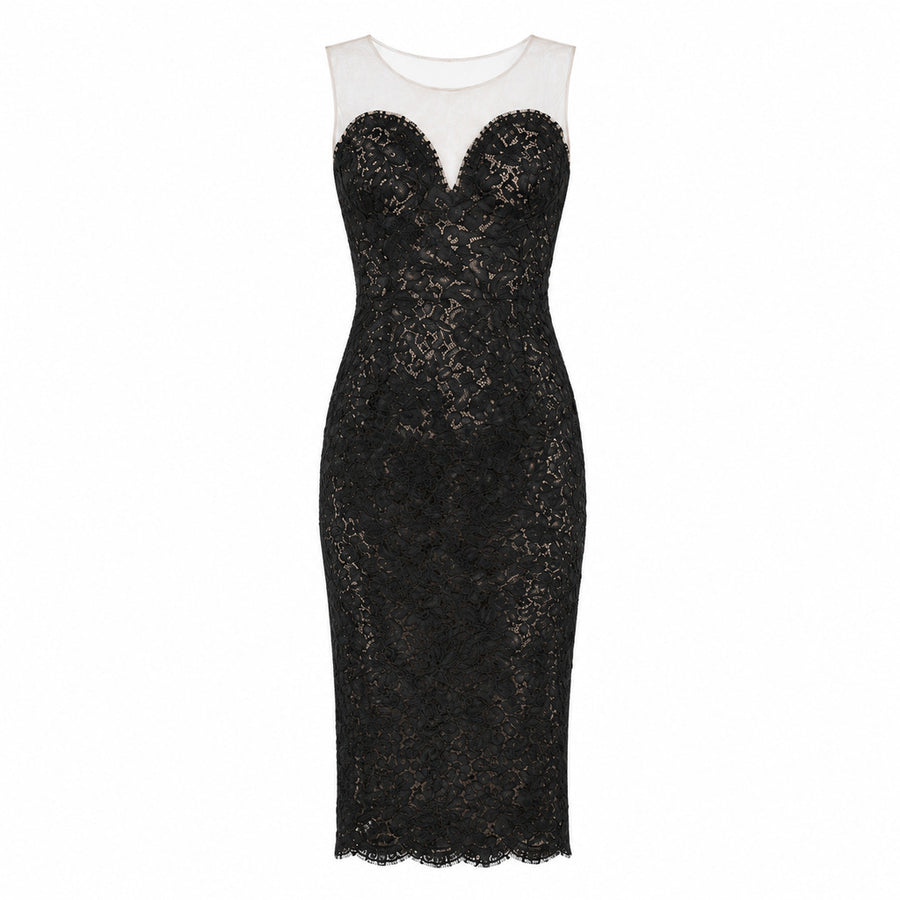 Dolce & Gabbana – black lace sheath dress – front flat-lay view with scalloped hem