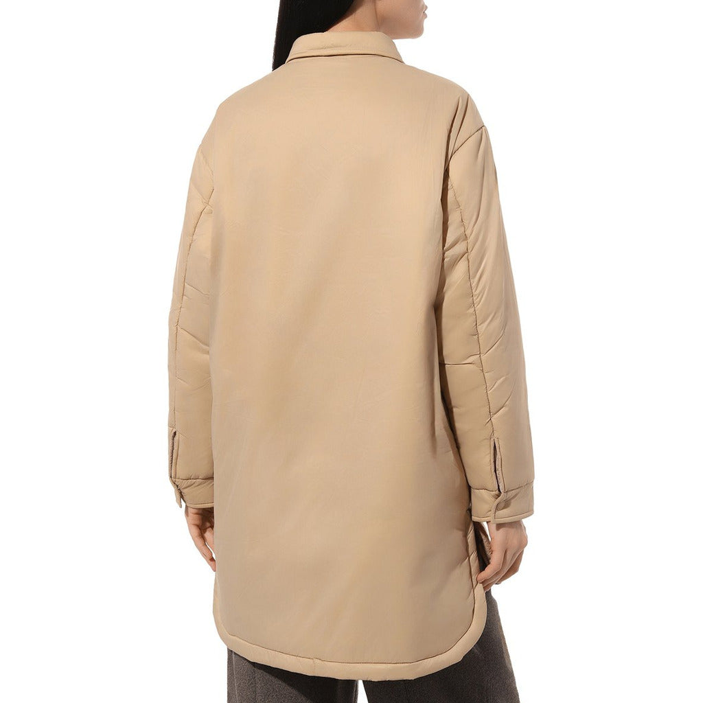 Hinnominate – beige shirt jacket – back view showing rounded hem and stitched sleeves
