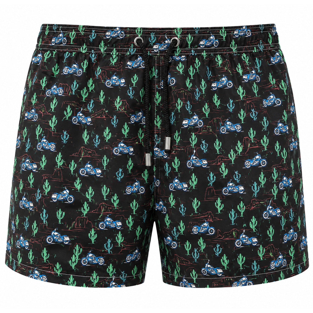 Mc2 Saint Barth – black printed swim trunks – front view with drawstring and motorcycle pattern