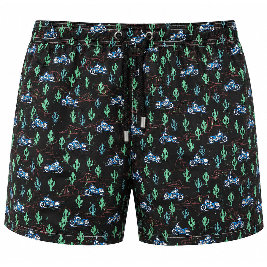 Mc2 Saint Barth – black printed swim trunks – front view with drawstring and motorcycle pattern