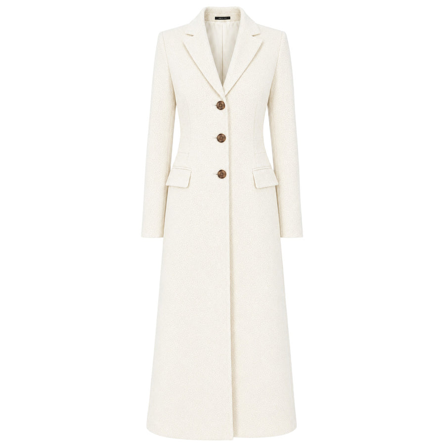Loro Piana Tessuto – long white wool coat – front view with lapels and brown buttons