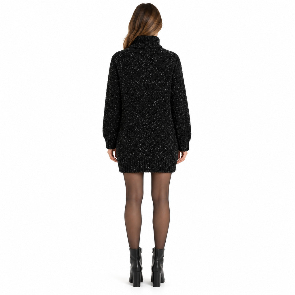 Anna Molinari – long black bouclé cardigan – back view styled with tights and ankle boots
