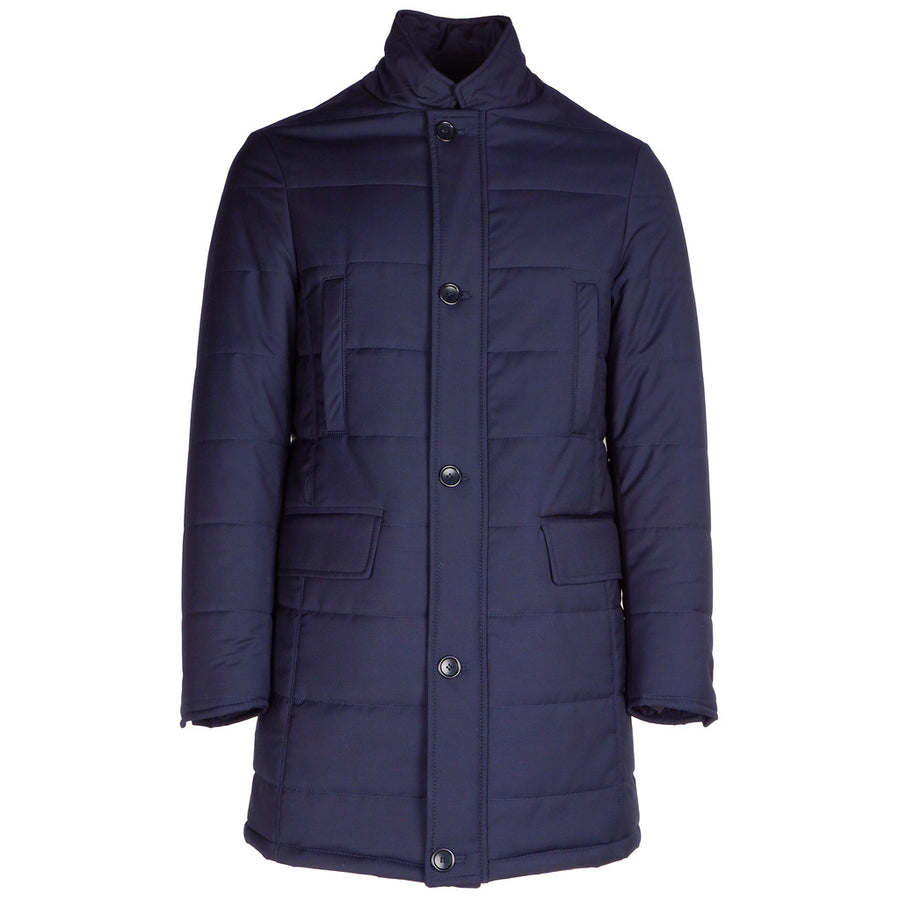 Loro Piana Tessuto – Tessuto Green Storm System Jacket – Front view of navy jacket with button closure