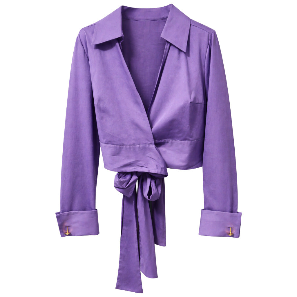 Elisabetta Franchi – purple cropped wrap shirt with tie belt – front flat lay