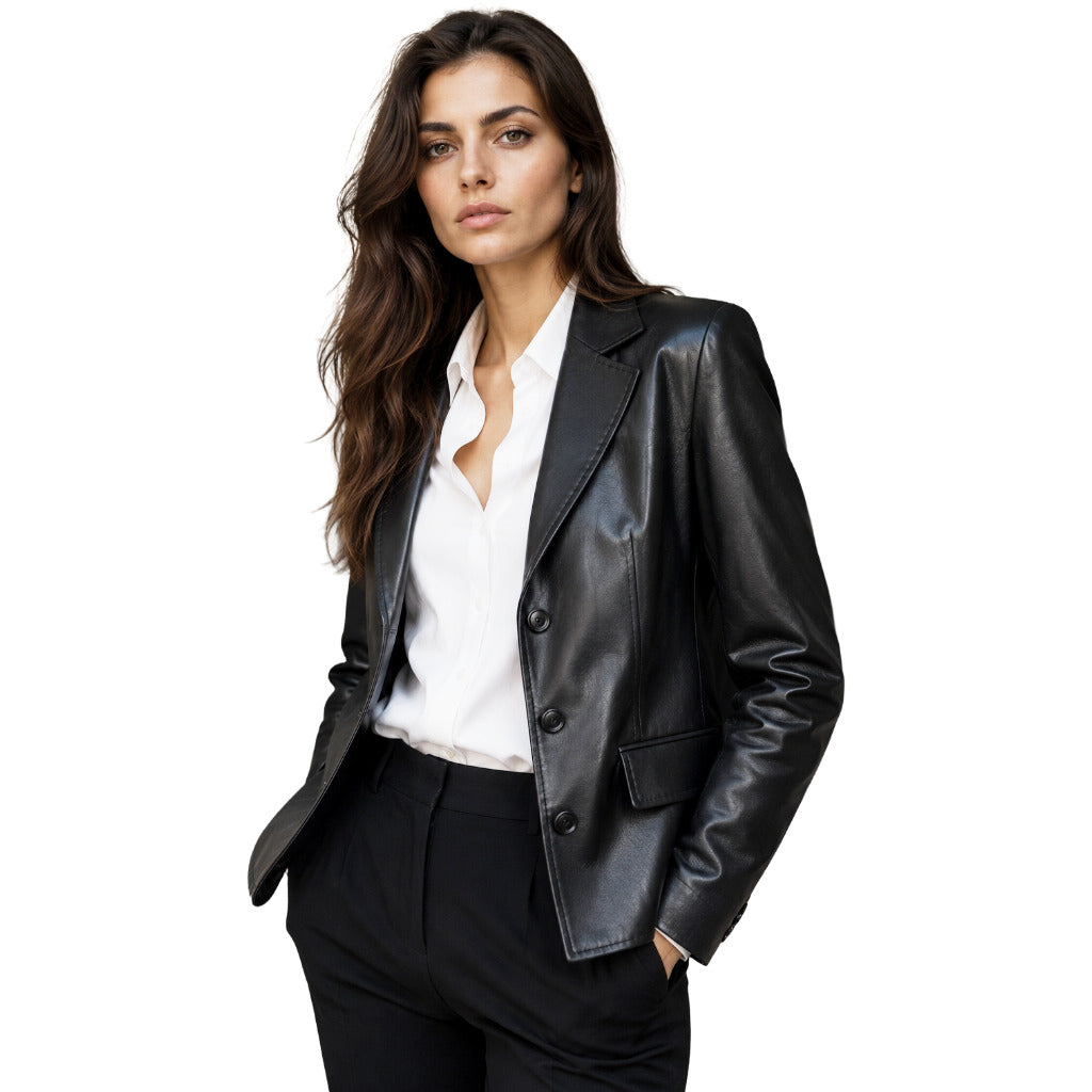 Dolce & Gabbana – black calfskin jacket – front view worn with white shirt