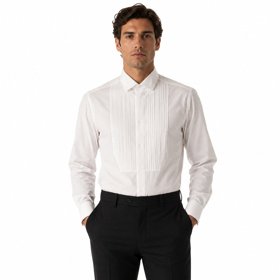 Dolce & Gabbana – white tuxedo shirt – front view with pleated bib, worn by model