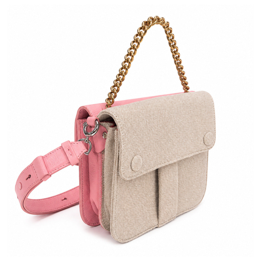 Maison Margiela – pink and beige shoulder bag – angled view showing textured flap and chain