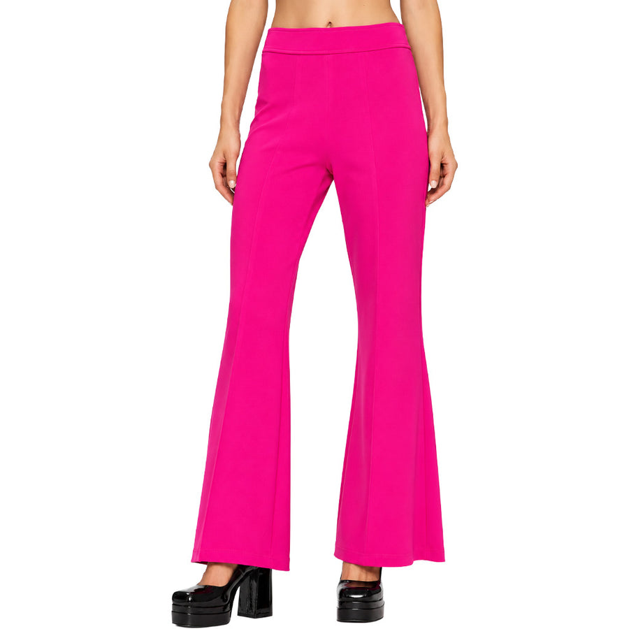 Pinko – Porfiria fuchsia flared trousers – Front view on model with high waist and black platform shoes