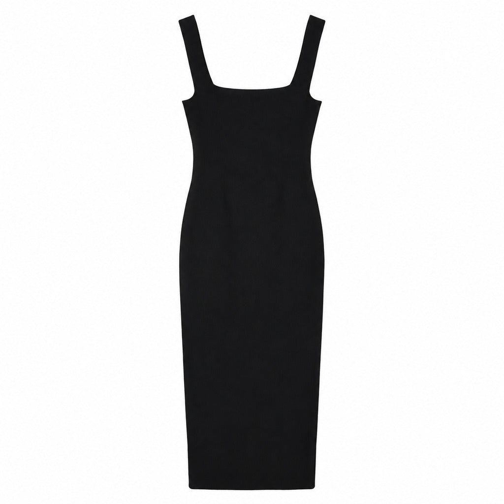 Dolce & Gabbana – black fitted midi dress – front flat-lay with wide straps