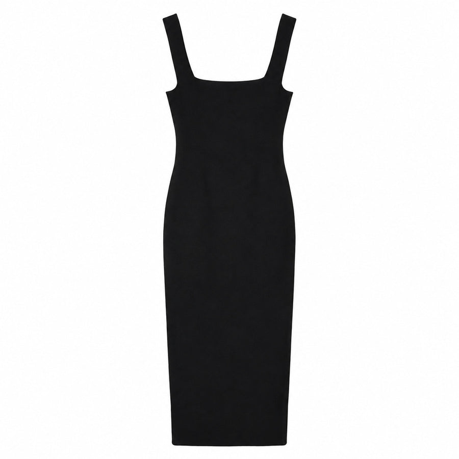 Dolce & Gabbana – black fitted midi dress – front flat-lay with wide straps