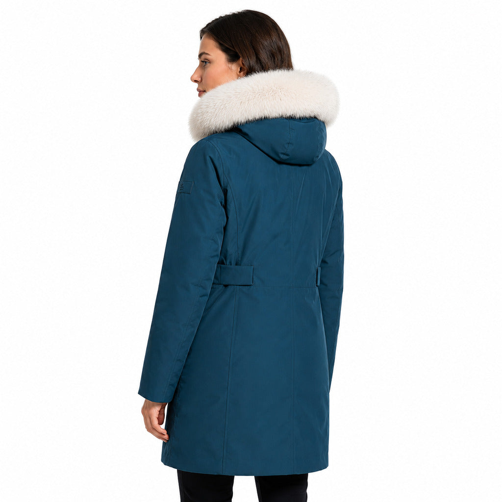 Peuterey – blue hooded down jacket with white fur trim – rear three-quarter view