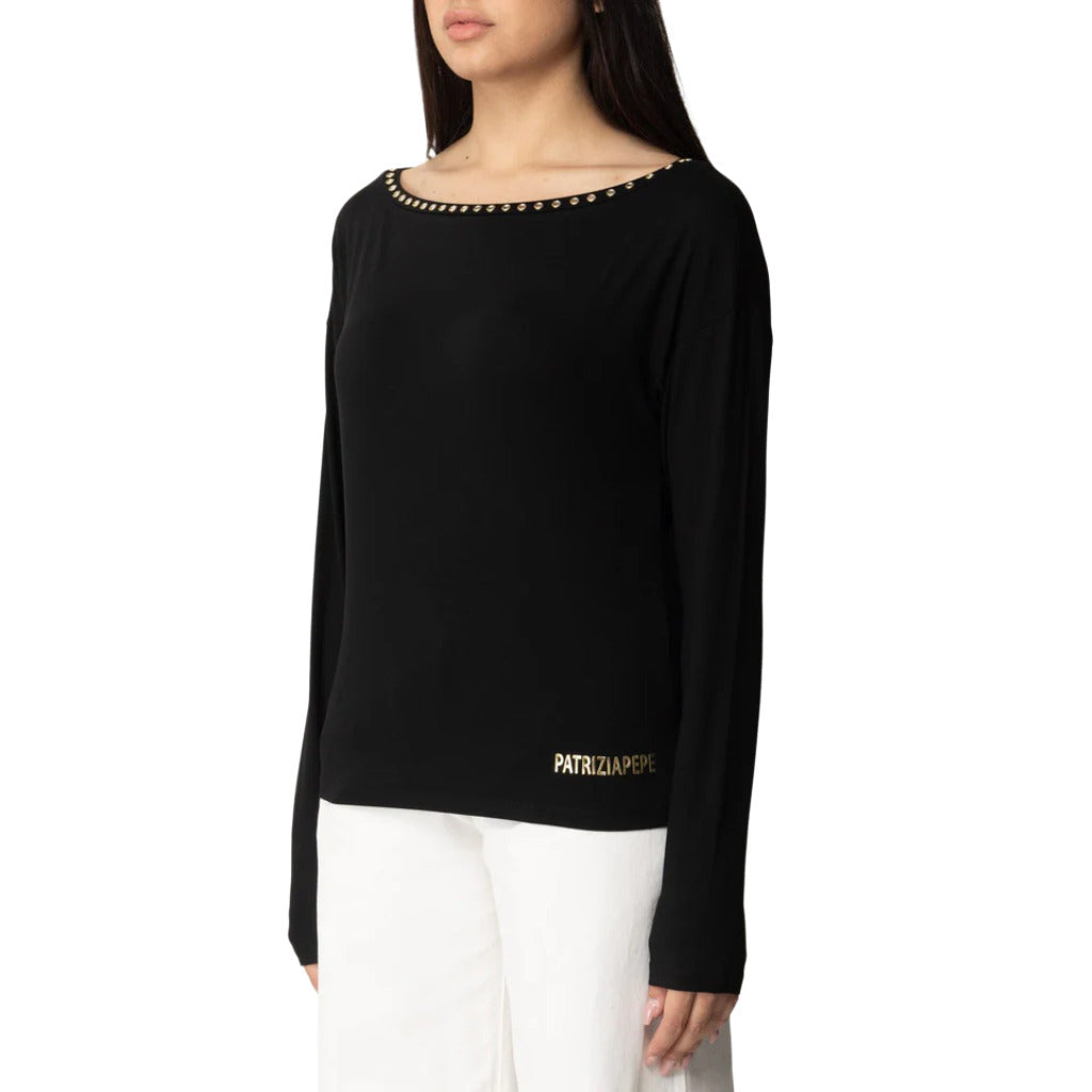 Patrizia Pepe – long-sleeve black T-shirt – front view with studded neckline and gold logo