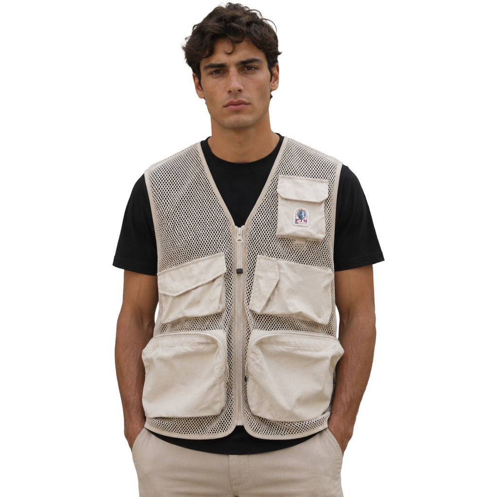 Parajumpers – beige mesh vest – front view with multiple flap pockets and zipper