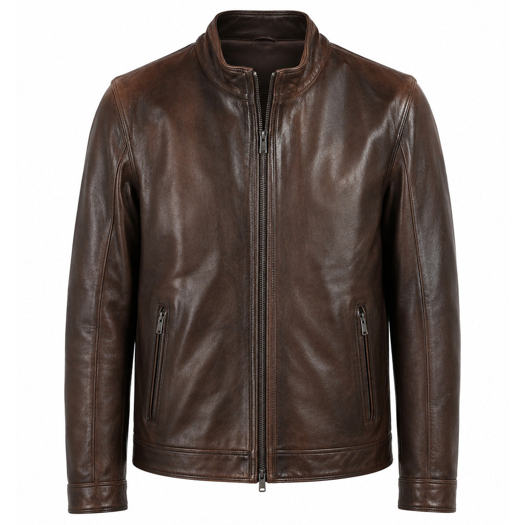 Emilio Romanelli – brown calfskin jacket – front packshot with stand collar and zip pockets